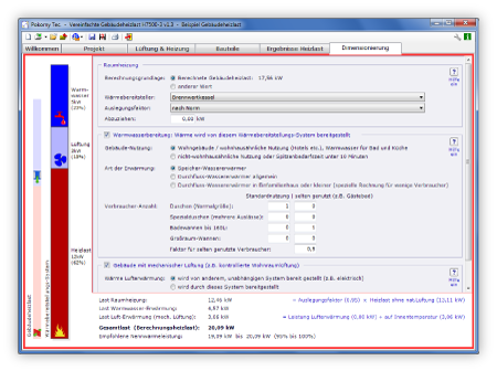 Screenshot der Dimensionierung von Heizkesseln, Wärmepumpen, Fernwärme 