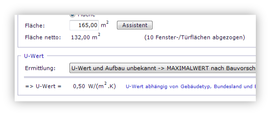 Screenshot von den Default-U-Werten nach Bauvorschrift Screenshot von Pokornytec Vereinfachte Gebäudeheizlast mit ausgewähltem U-Wert nach Bauvorschrift