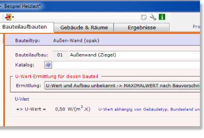 Screenshot von Pokornytec Heizlast Austria mit ausgewähltem U-Wert nach Bauvorschrift Screenshot von Pokornytec Heizlast Austria mit ausgewähltem U-Wert nach Bauvorschrift